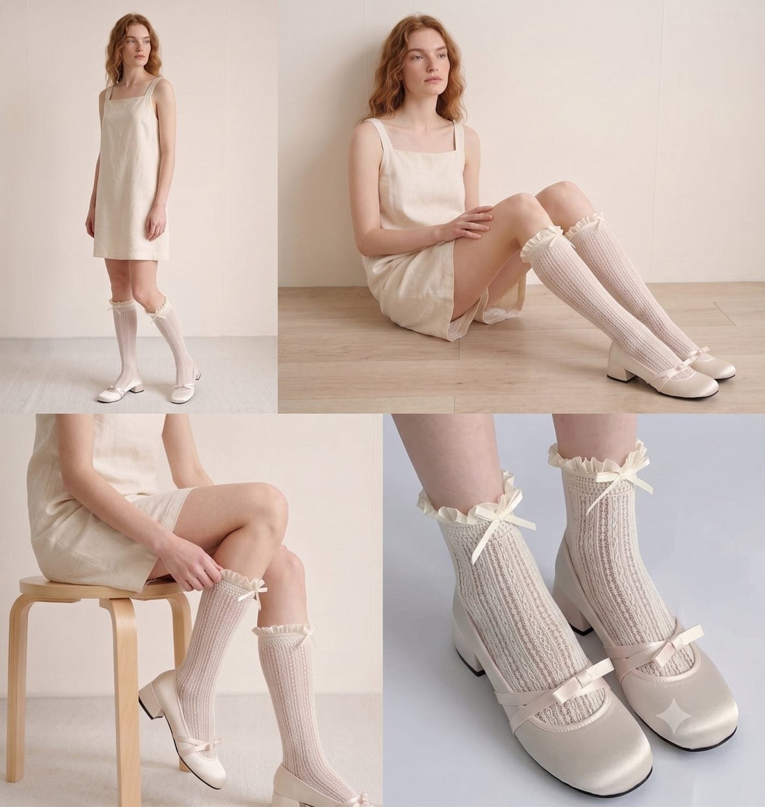 Cream lace ruffle knee high socks styled with a linen pinafore dress and Mary Jane heels