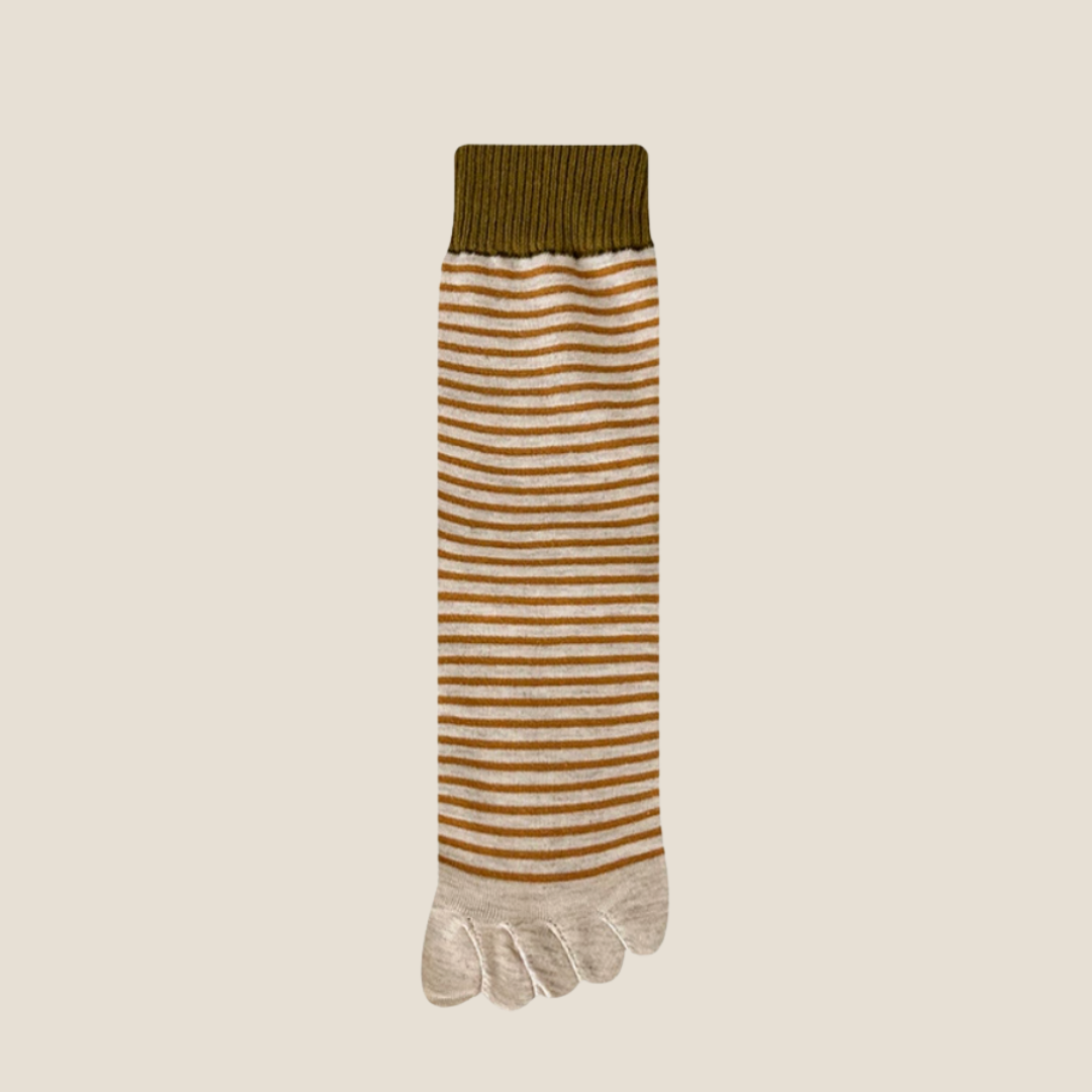 5 toe socks in olive and cream stripes with an olive cuff, featuring individual toe pockets. Displayed flat on a neutral surface.