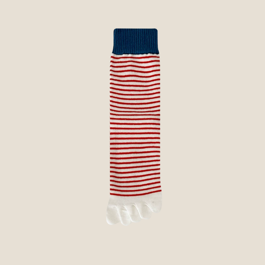 5 toe socks in red and white stripes with a navy cuff, featuring a five-toe design. Shown as a single flat-lay.