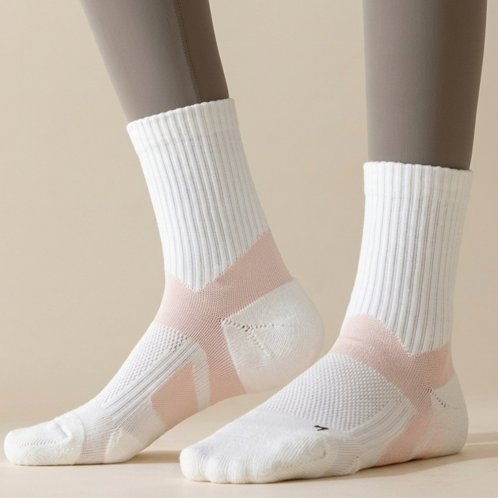 Athletic crew socks in white and pink, featuring arch support and cushioning. Worn on the feet in an active look.