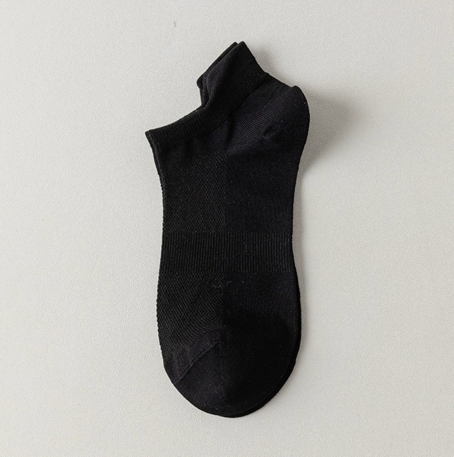 Bamboo ankle socks in black, featuring a soft bamboo knit. Laid flat to show the ankle-length cut.