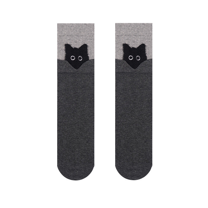 Black cat socks in charcoal gray with a black cat face at the cuff, flat-lay pair.