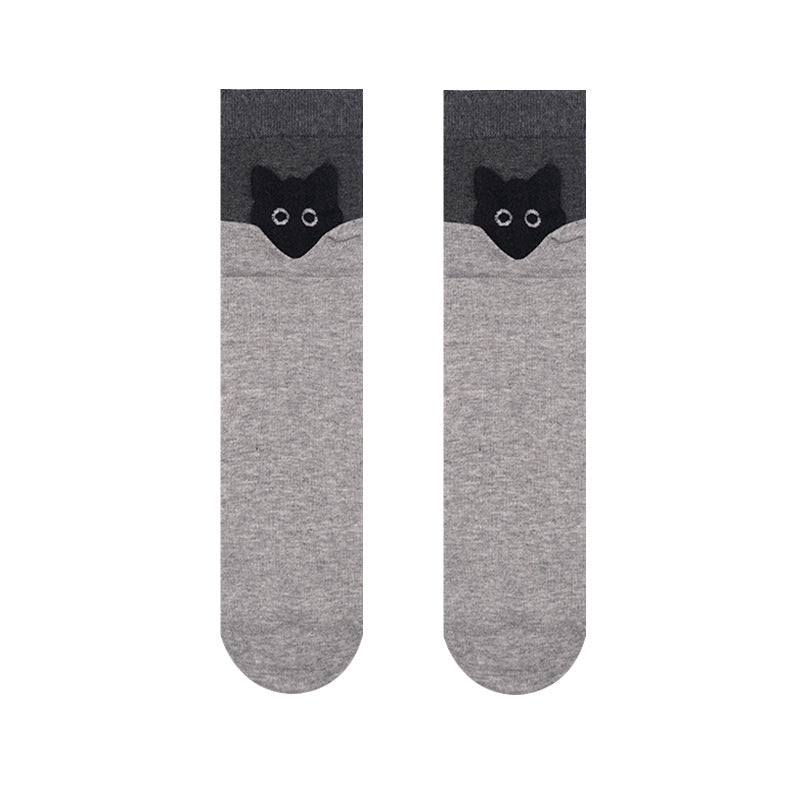 Black cat socks in light gray with a black cat peeking over a dark cuff, flat-lay pair.
