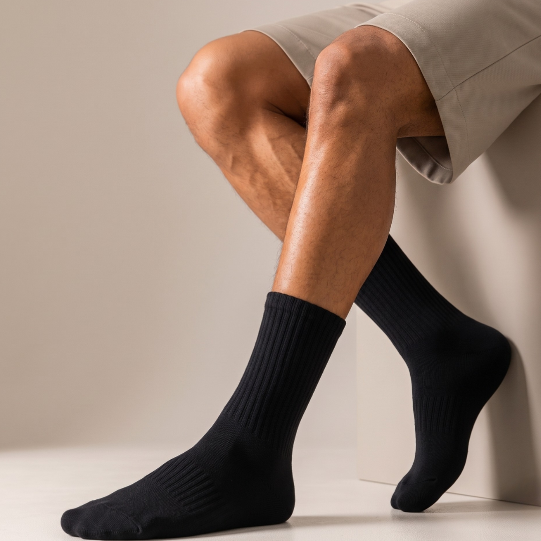 Black crew socks in ribbed cotton, featuring a classic crew cuff. Worn on the feet in a relaxed pose.
