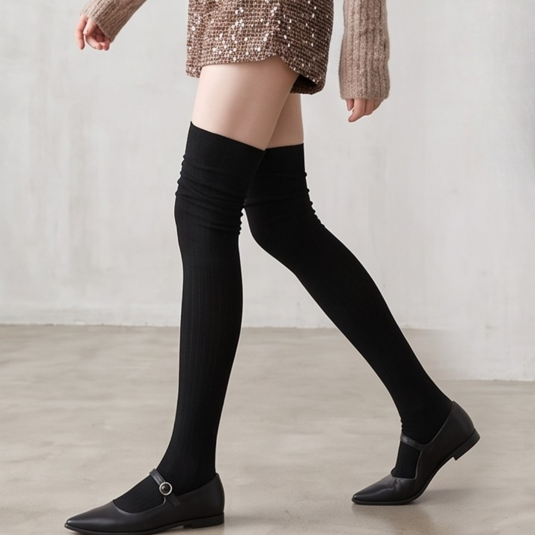 Black over the knee socks in black ribbed knit, featuring a thigh-high leg. Worn with black flats.