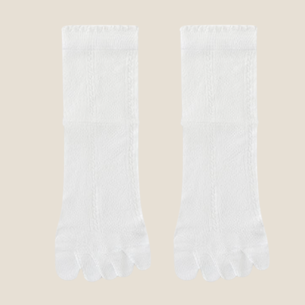 Breathable toe socks in white pointelle knit, featuring a lightweight openwork texture. Shown as a flat-lay pair.