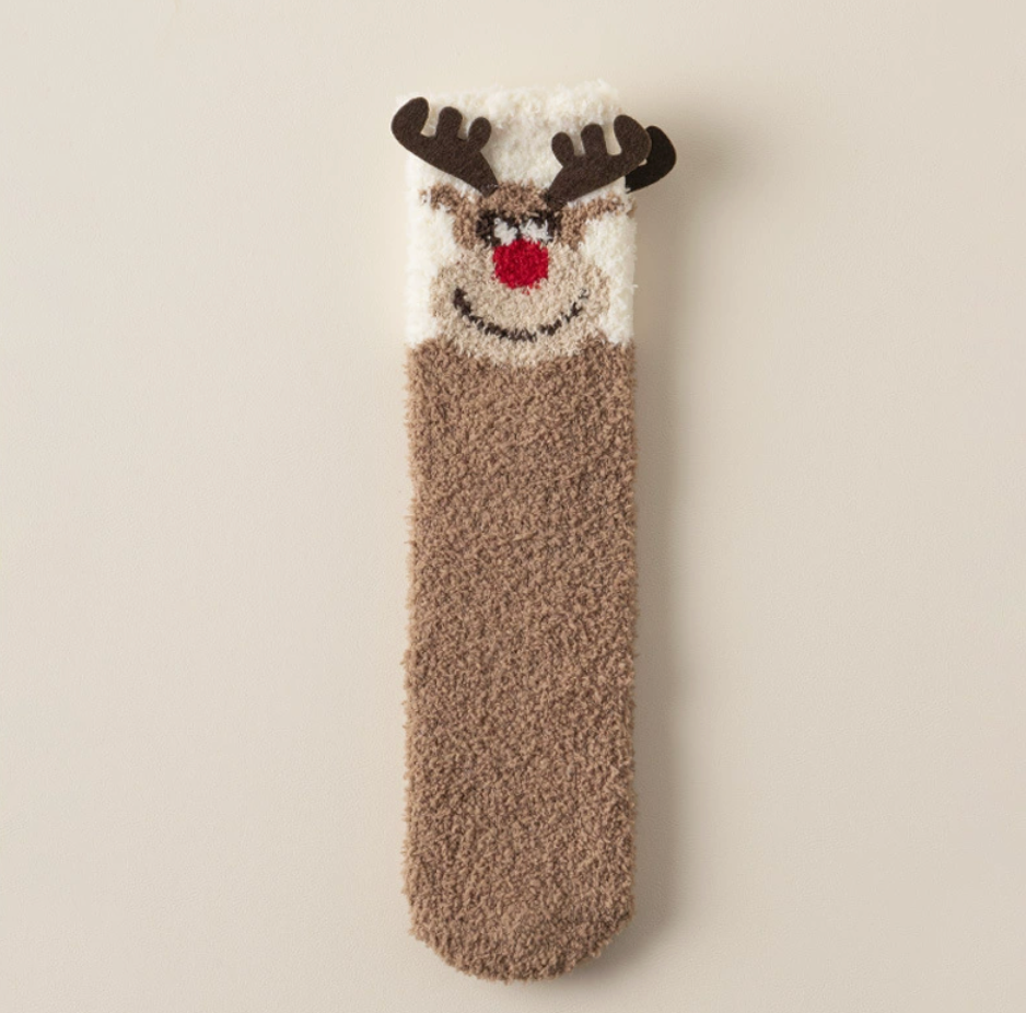 Bulk Christmas socks, a single brown plush reindeer pair with 3D antlers and nose.