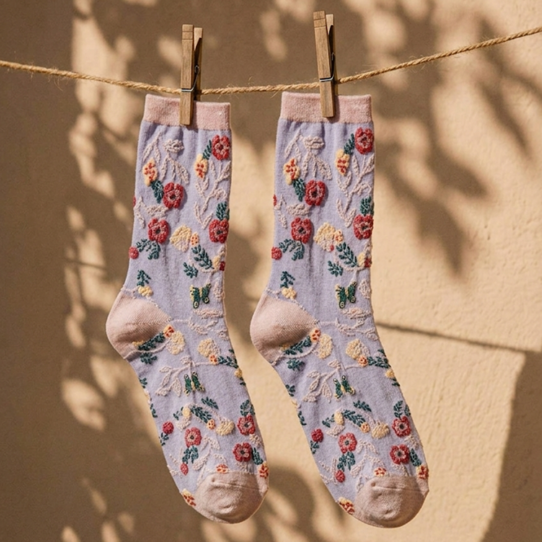 Cottagecore socks in lavender with a vintage floral print, shown as a pair hanging on a line in soft light.