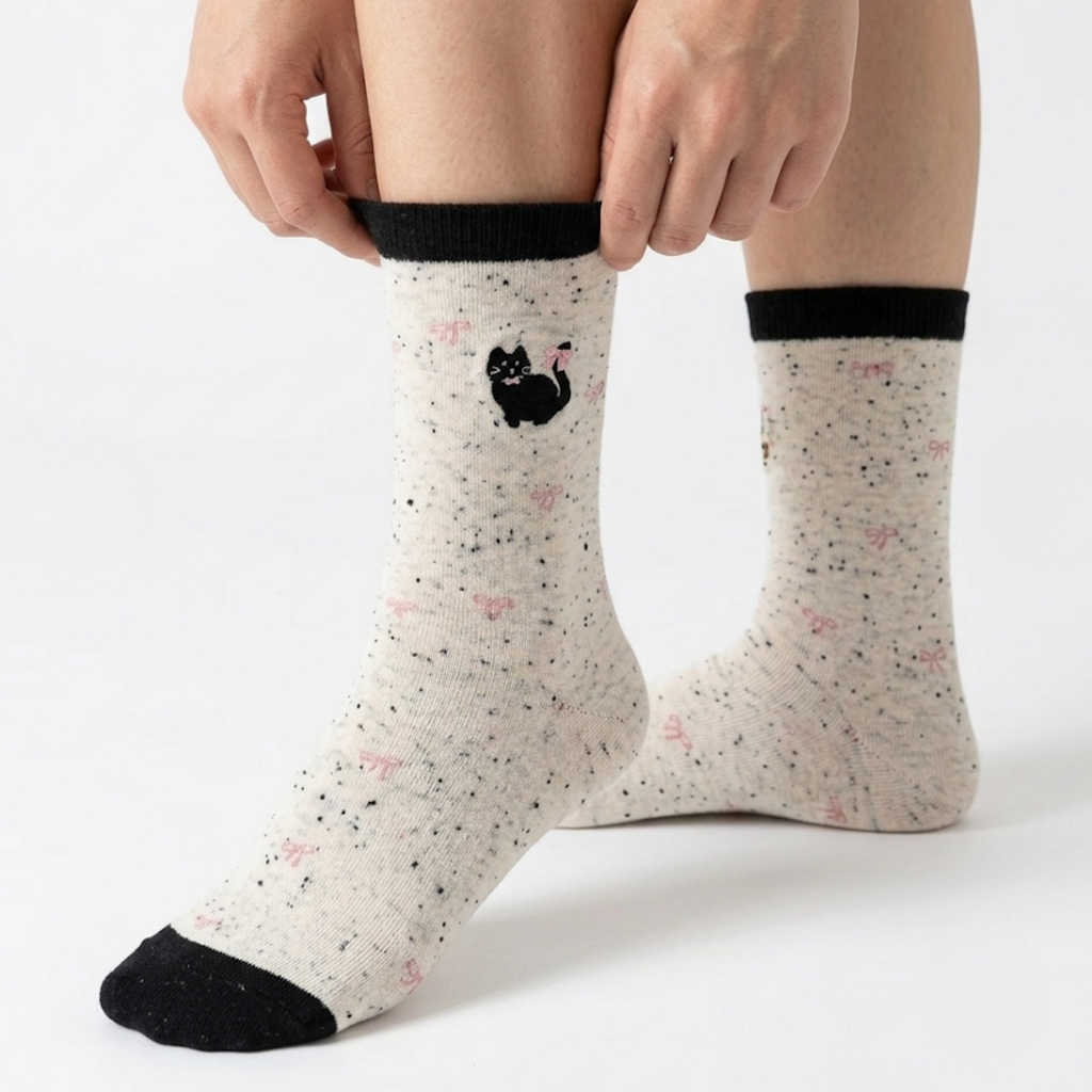 Cotton cat socks in cream speckled knit with a small black cat and black cuff, worn on the feet, side view.