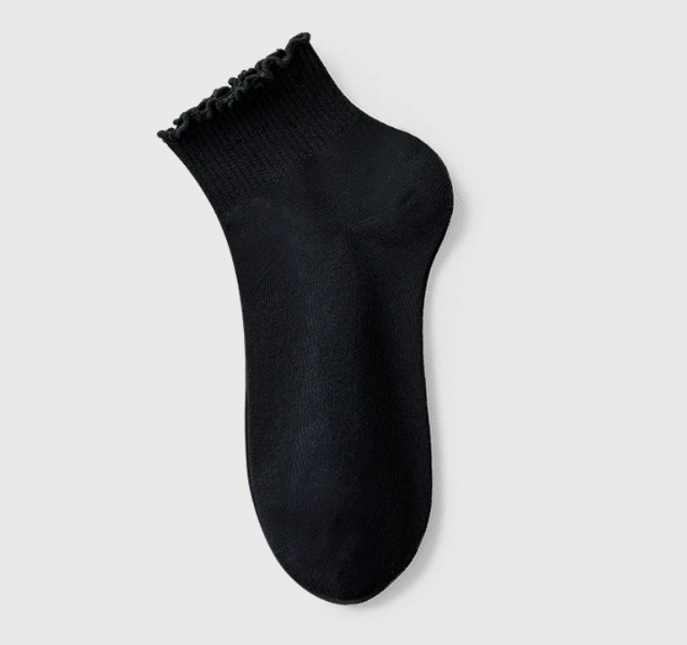 Cotton ruffle socks in black, single ankle sock shown flat with a ruffle trim.