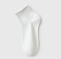 Cotton ruffle socks in white, single ankle sock shown flat to show the ruffle trim.