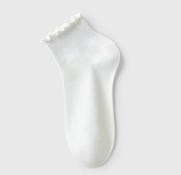 Cotton ruffle socks in white, single ankle sock shown flat to show the ruffle trim.