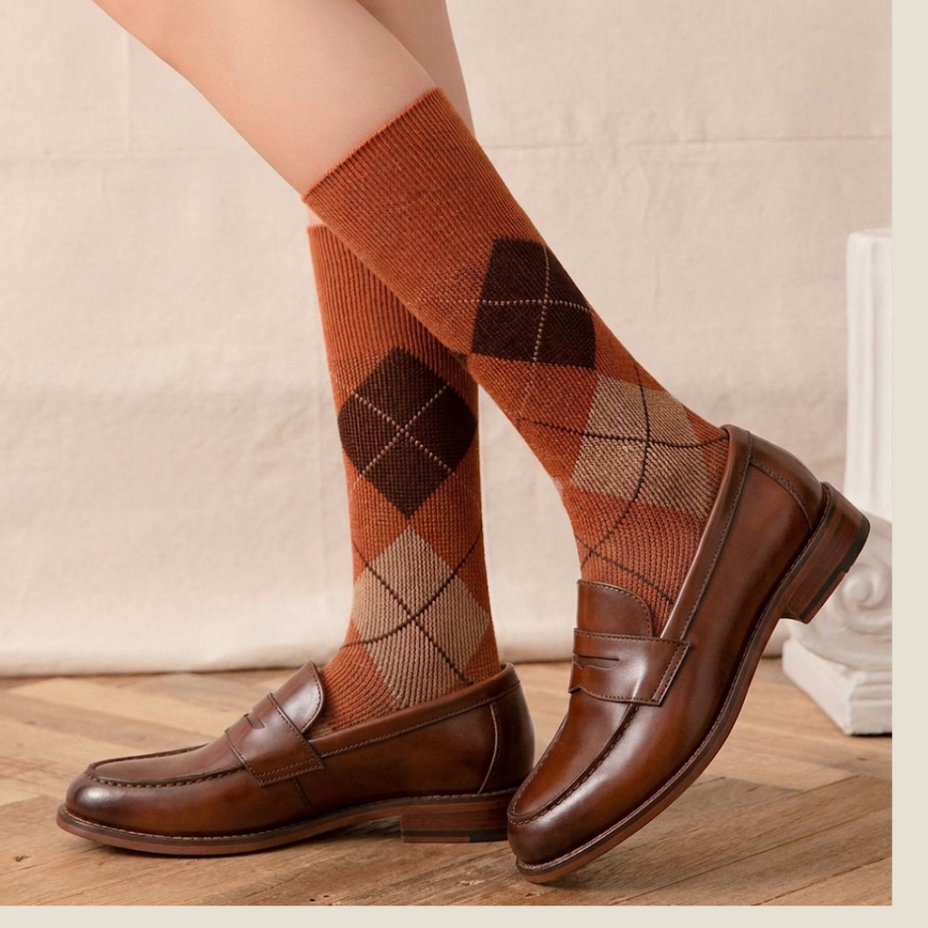 Cotton socks for loafers in orange argyle knit, styled on the legs with brown leather loafers, side view on a wood floor.