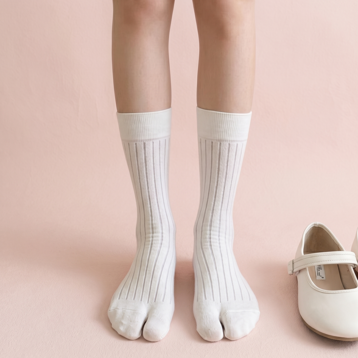 Cotton tabi socks in white, featuring a ribbed split-toe design. Worn on legs styled with mary jane shoes.