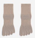Cotton toe socks in tan ribbed knit, featuring individual toe pockets. Shown as a flat-lay pair on a light surface.