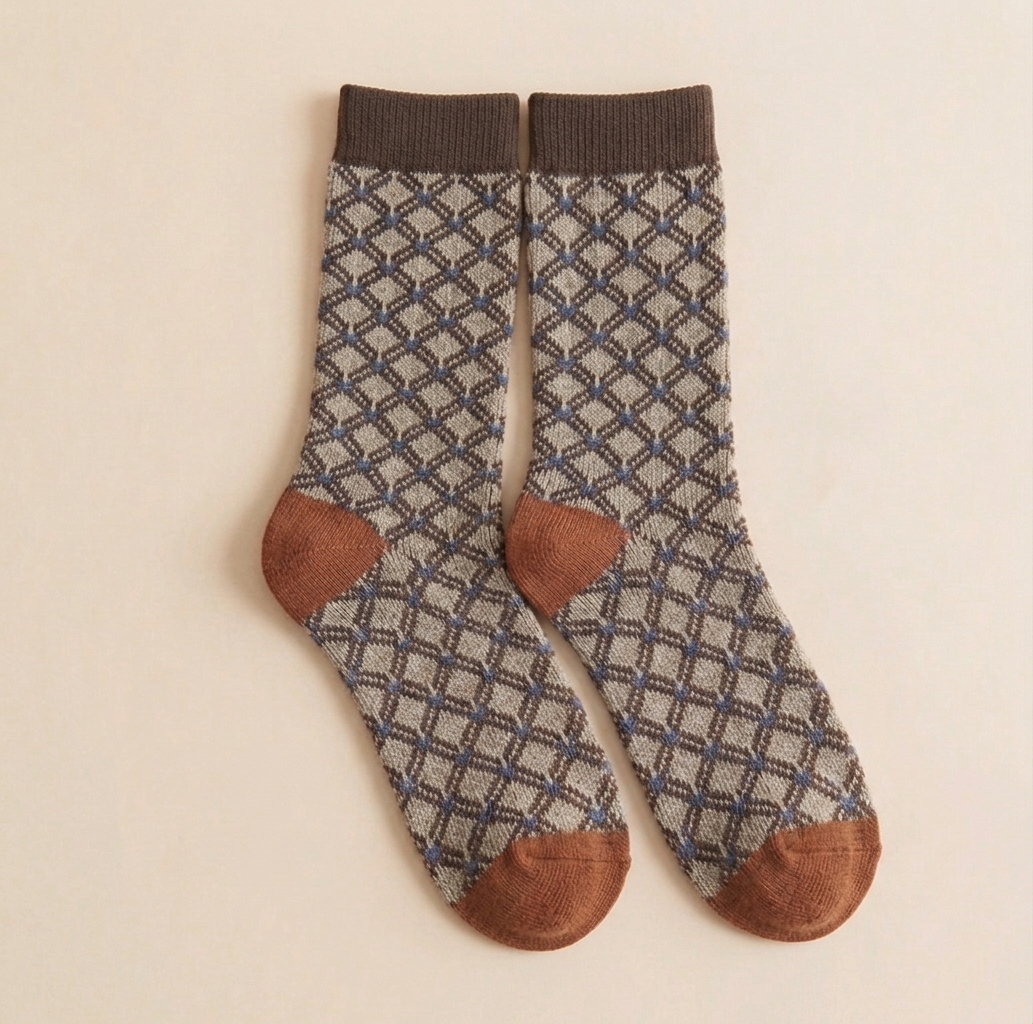 Cowgirl boot socks in grey and cream, featuring a diamond jacquard with brown heel and toe. Shown as a flat-lay pair on a warm backdrop.