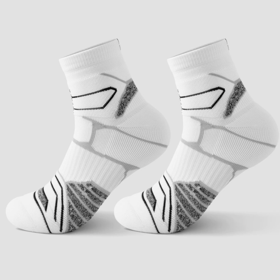 Cushion crew socks in white with grey cushioned zones, featuring arch support. Shown as a flat-lay pair.