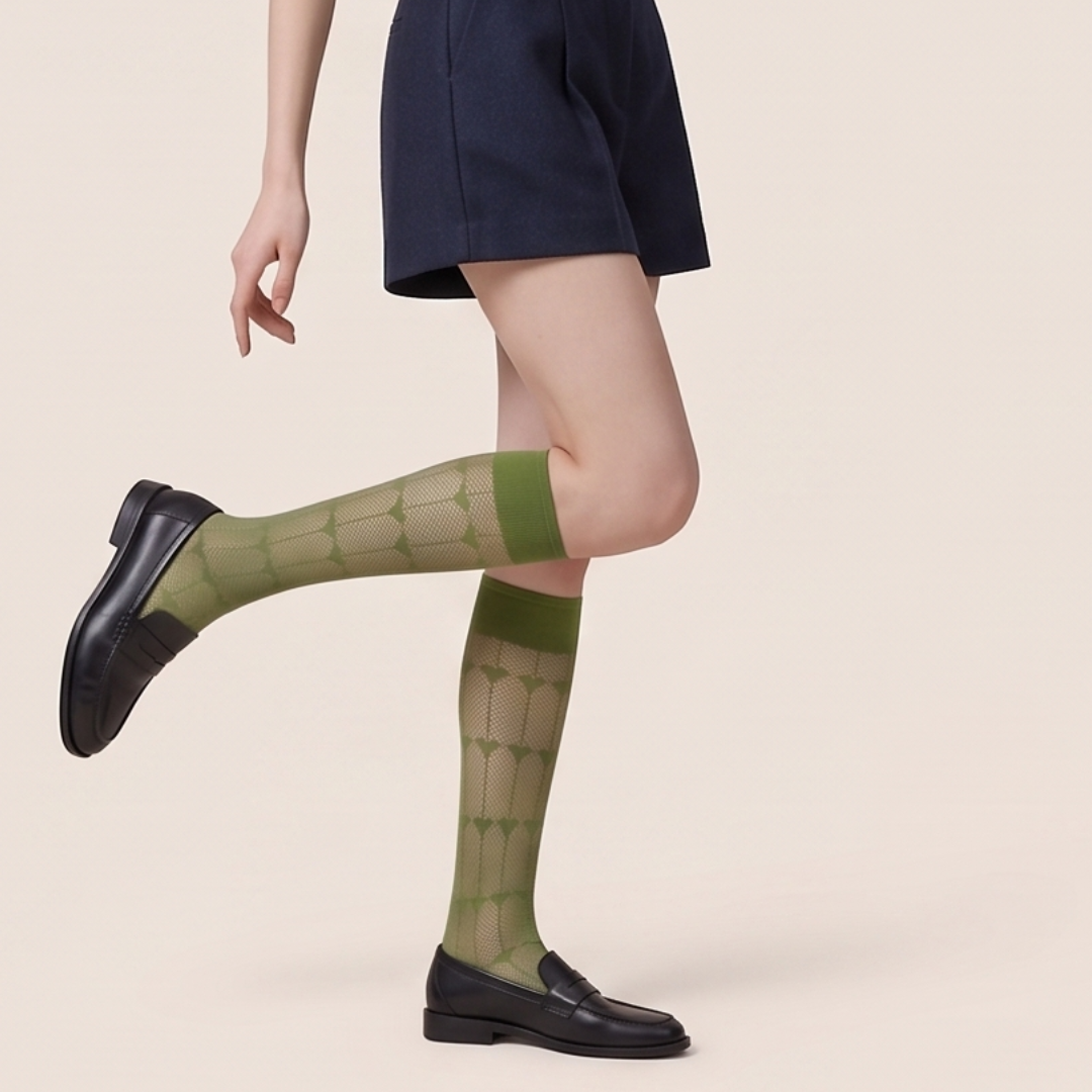 Cute knee high socks in olive green sheer knit, featuring a subtle pattern. Styled with a navy skirt and loafers.