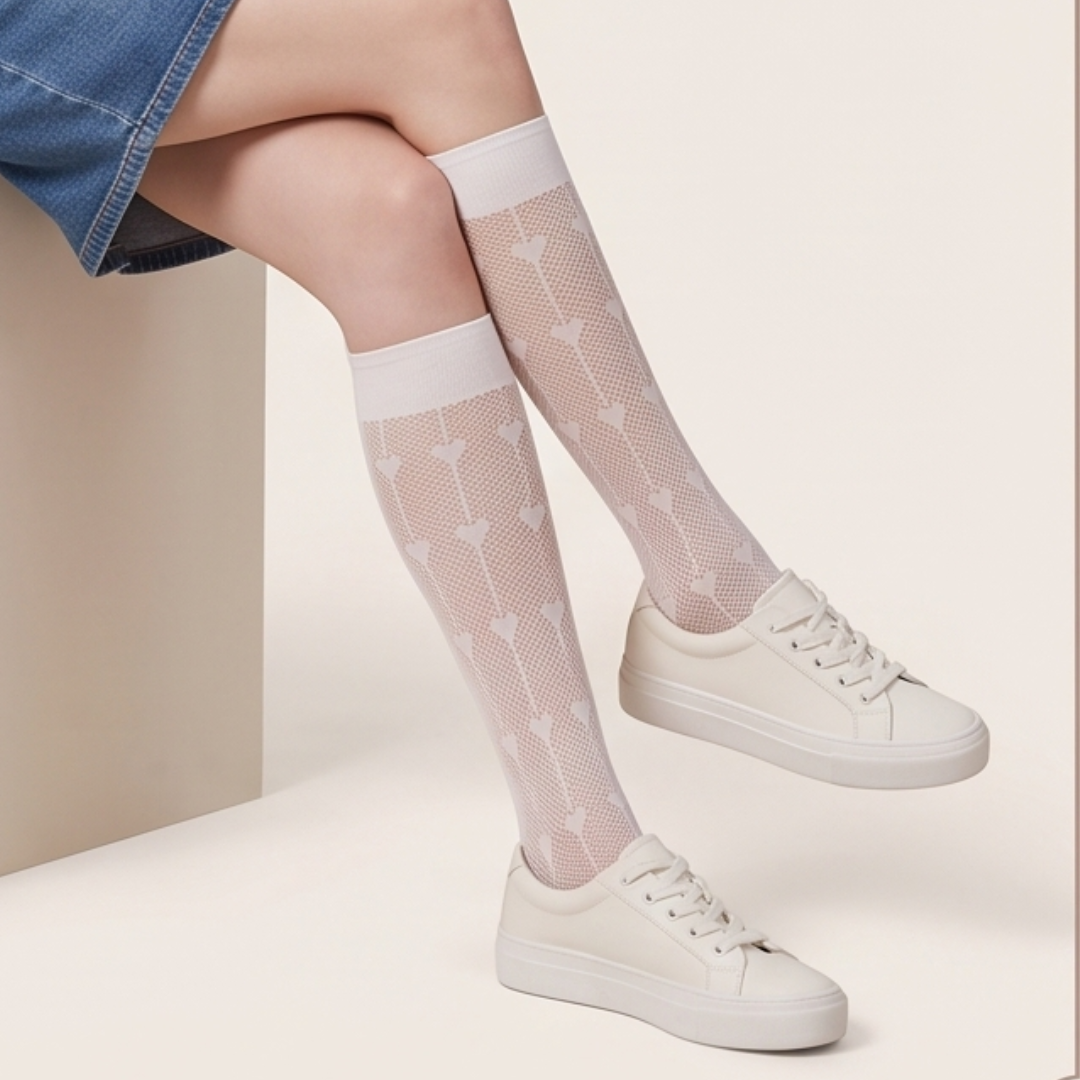Cute knee high socks in white sheer knit, featuring a dainty motif. Worn with white sneakers.