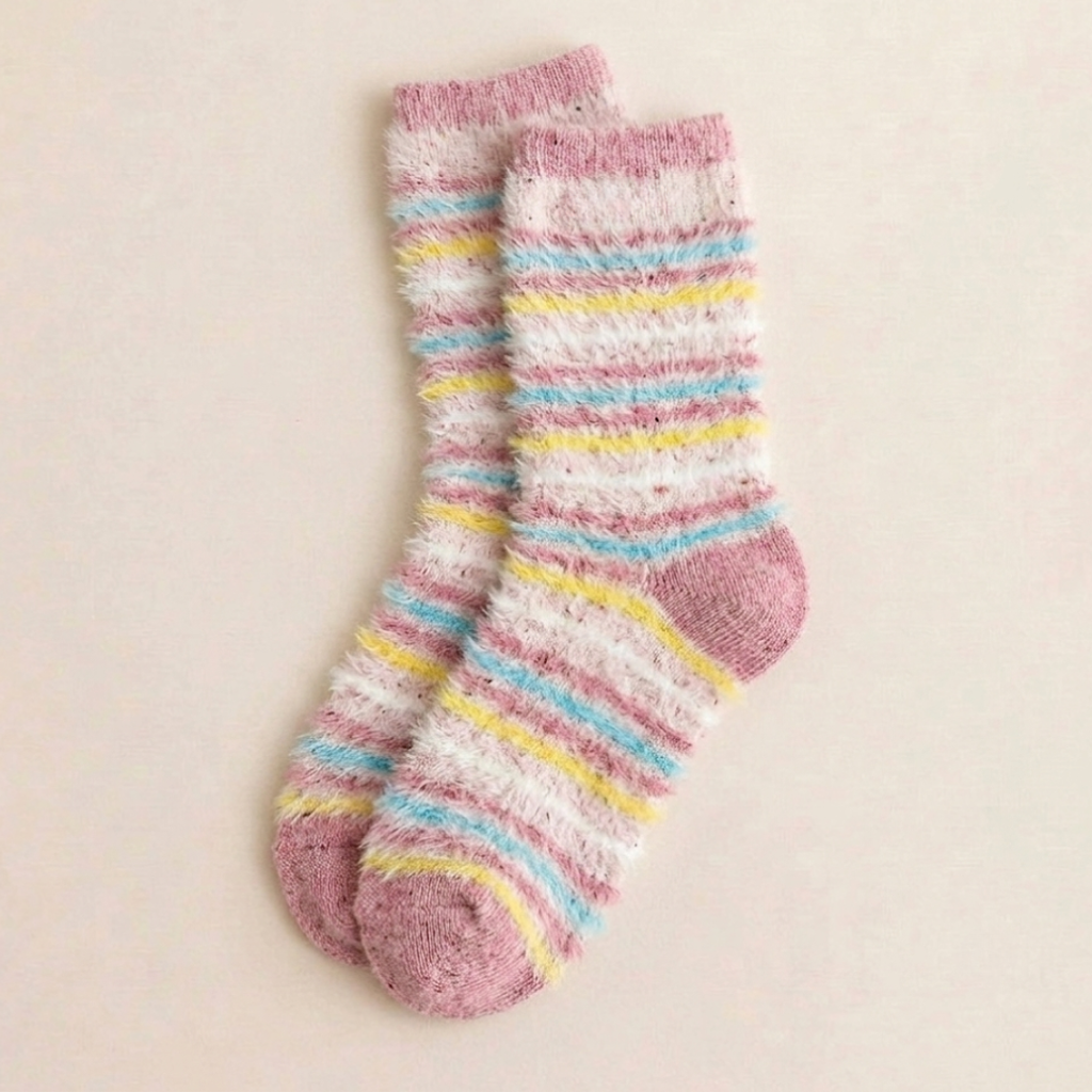 Cute striped socks in pastel rainbow stripes, plush fuzzy flat-lay pair.