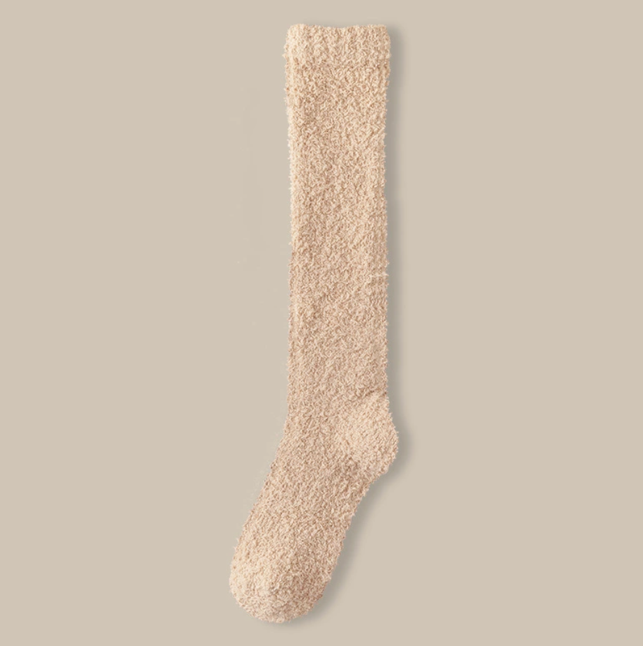 Fleece knee high socks in khaki plush fleece, a single knee-high sock shown flat.