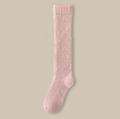 Fleece knee high socks in pink plush fleece, a single knee-high sock shown flat.