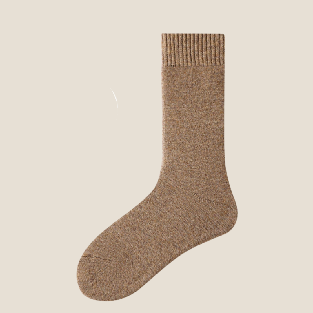 Fleece lined socks in brown, single sock laid flat.