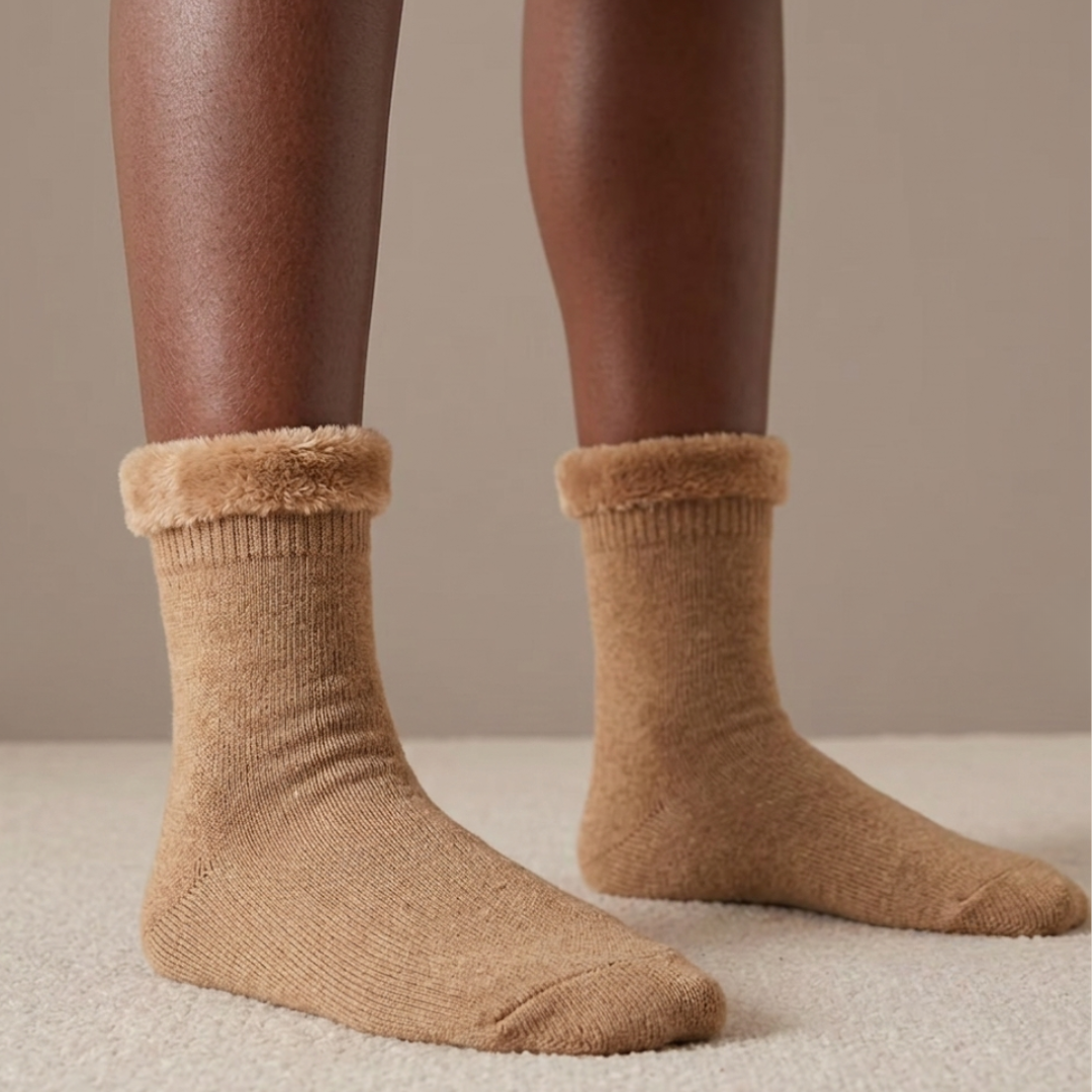 Fleece lined socks in camel with a folded fleece cuff, worn on the feet.