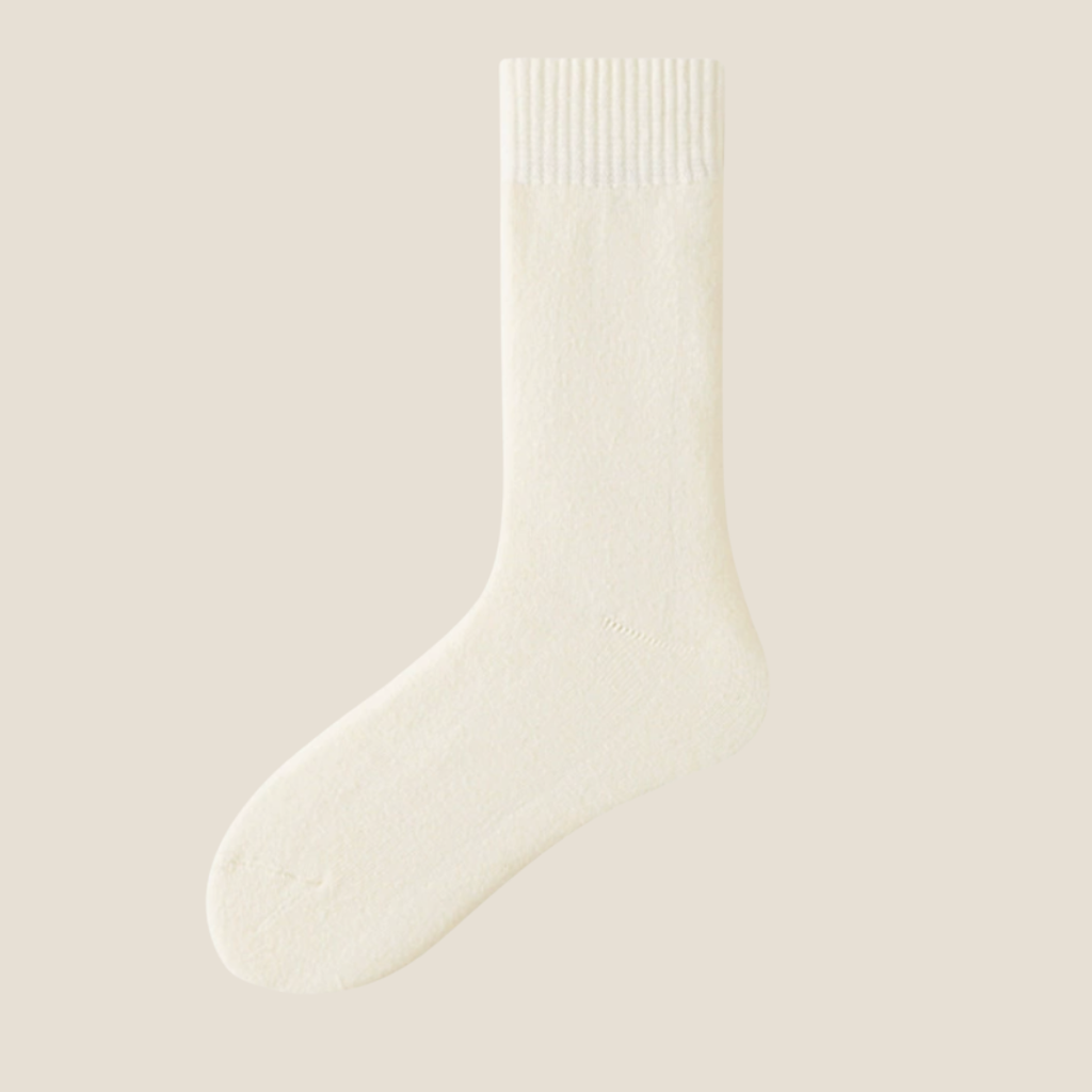 Fleece lined socks in white, a single sock shown flat to show the plush lined cuff.