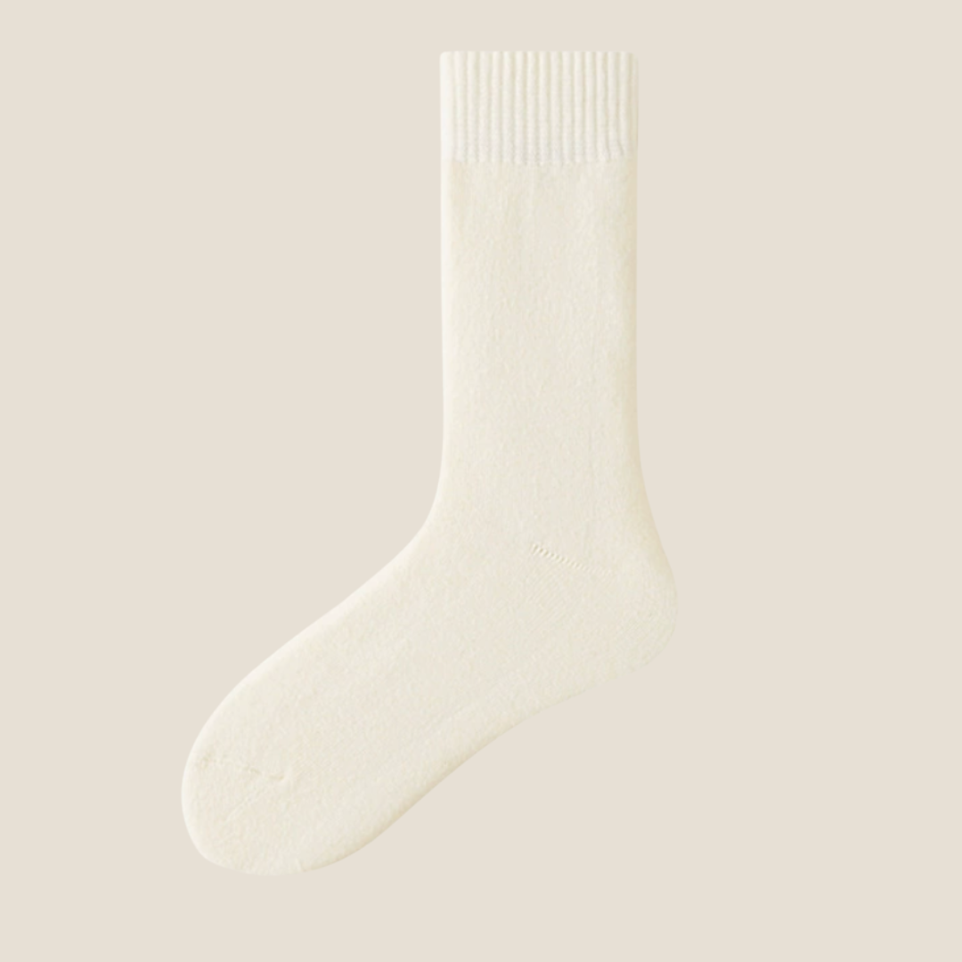 Fleece lined socks in white, a single sock shown flat to show the plush lined cuff.