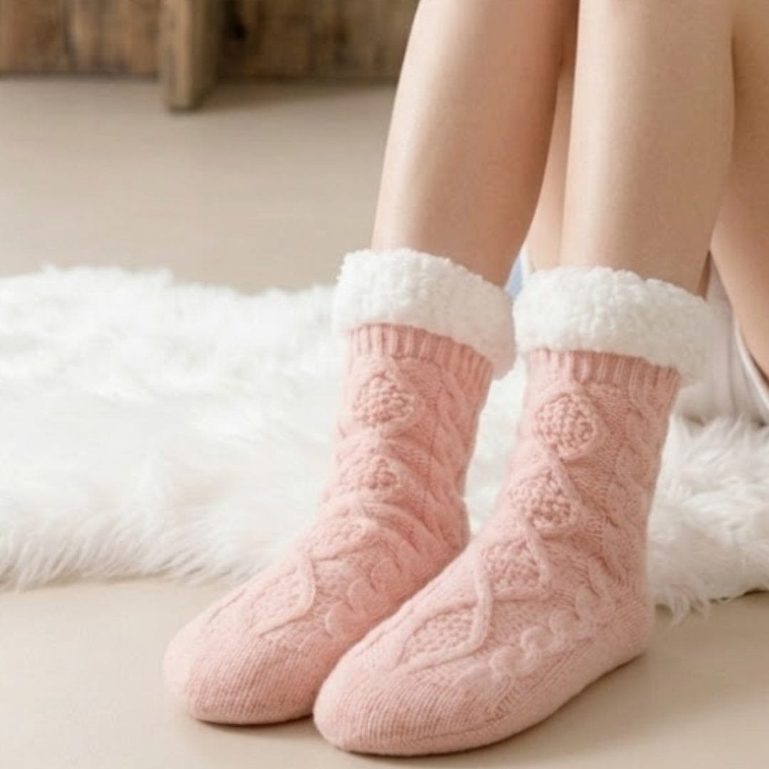 Fleece slipper socks in pink cable knit, featuring a cozy fuzzy cuff. Worn on feet in a warm setting.