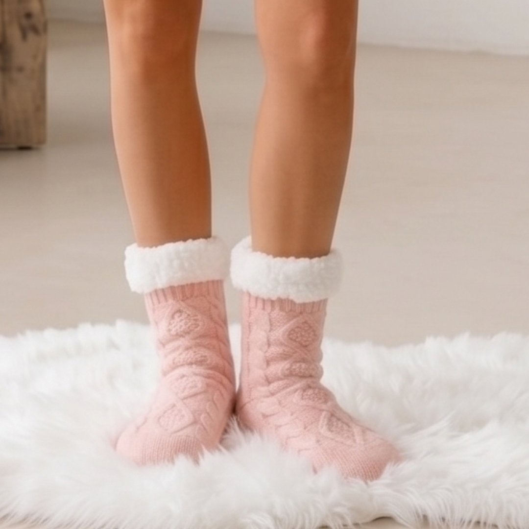 Fleece slipper socks in pink, featuring a warm fleece lining. Worn on feet on a fluffy rug.