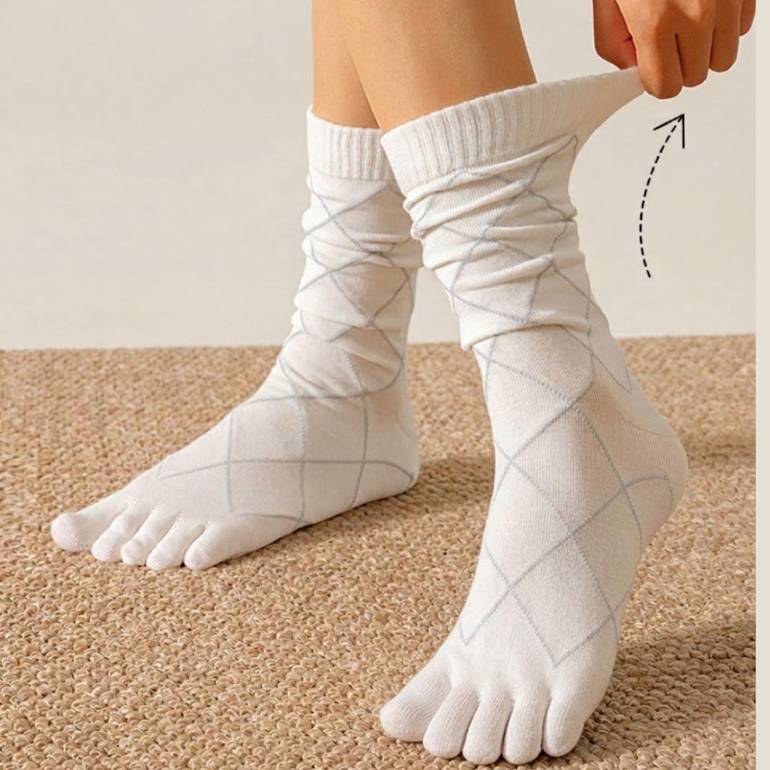 Funky toe socks in cream knit, featuring a slouchy relaxed leg with five-toe styling. Worn on the foot over a woven rug.