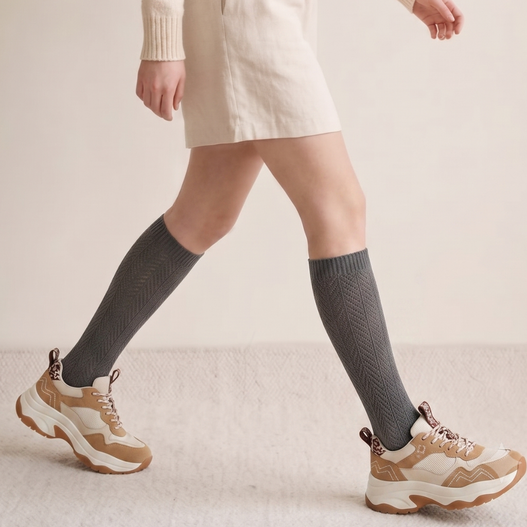 Gray knee socks for women in grey ribbed knit, featuring a stretchy leg. Worn while walking with chunky sneakers.