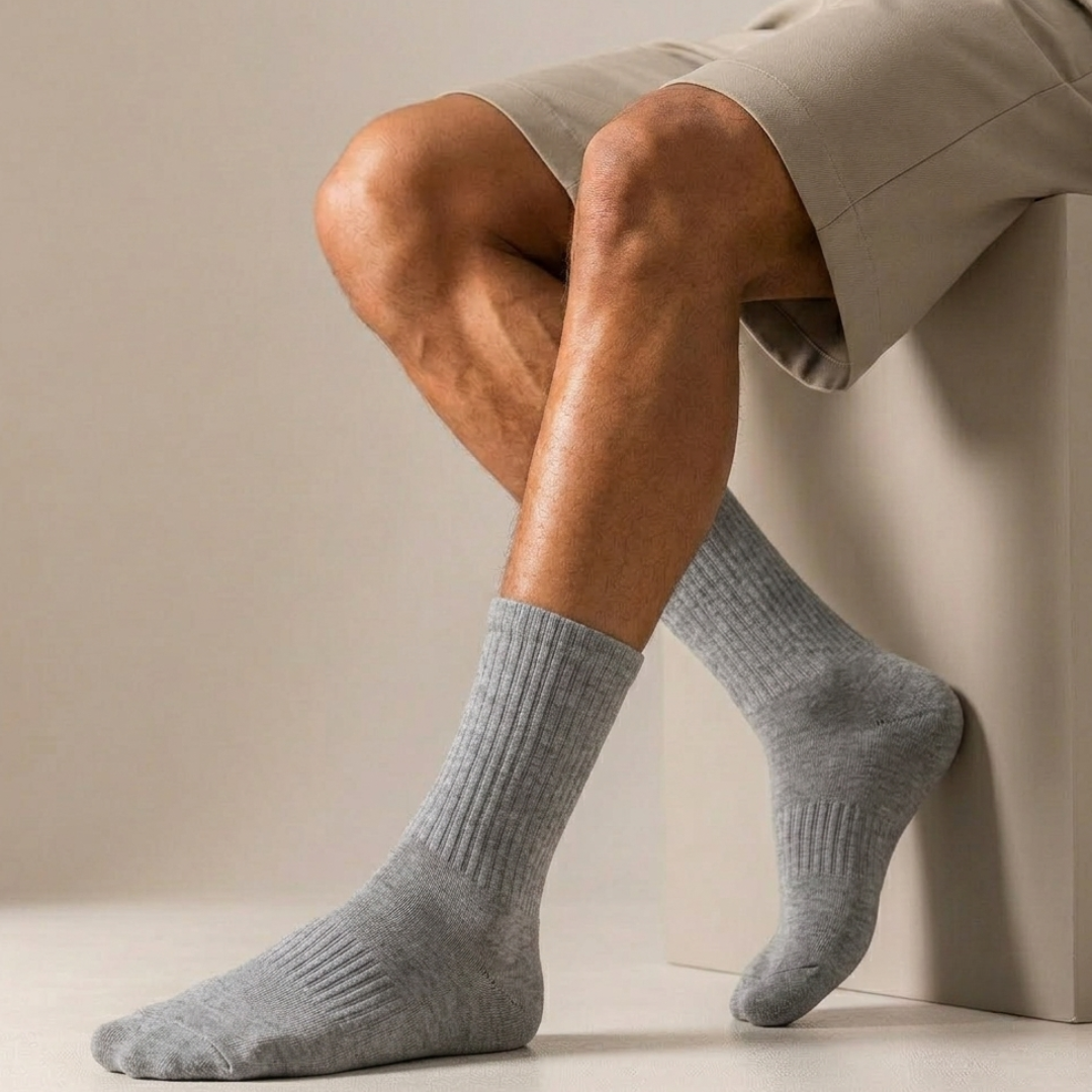 Grey crew socks in ribbed cotton, featuring a soft crew length. Worn on the feet in a relaxed seated pose.