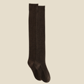 Knee high boot socks in dark brown, featuring a smooth ribbed knit. Shown as a single knee-high sock on a neutral backdrop.