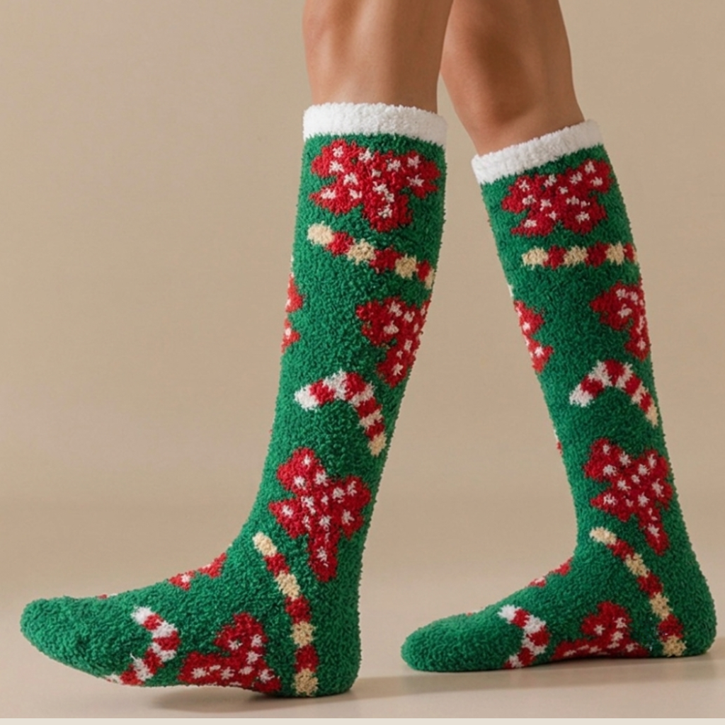 Knee high Christmas socks in green fuzzy fleece with a holiday motif, worn over the calf, side view.