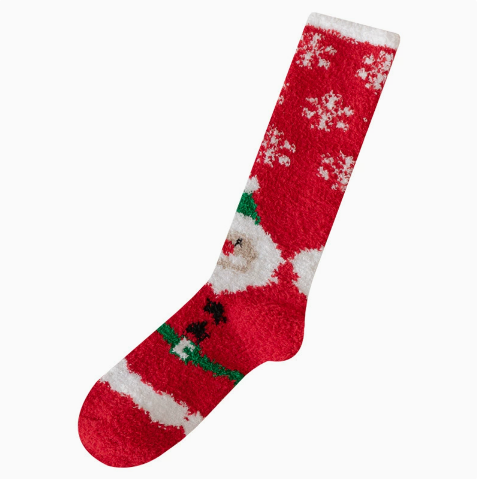 Knee high Christmas socks in red plush fleece with a Santa design, single sock shown on a foot form.