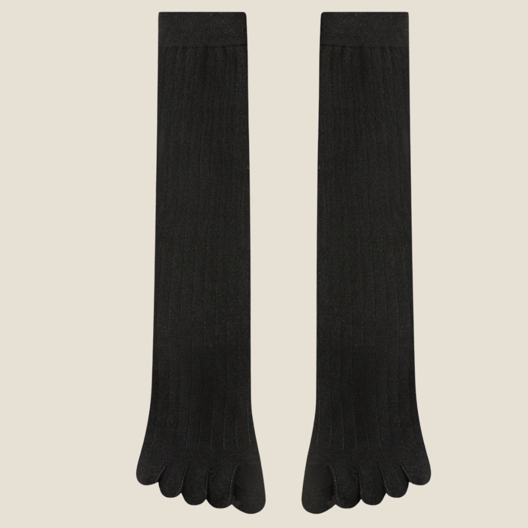 Knee high toe socks in black ribbed knit, featuring individual toe pockets. Displayed flat as a pair to show the knee-high length.
