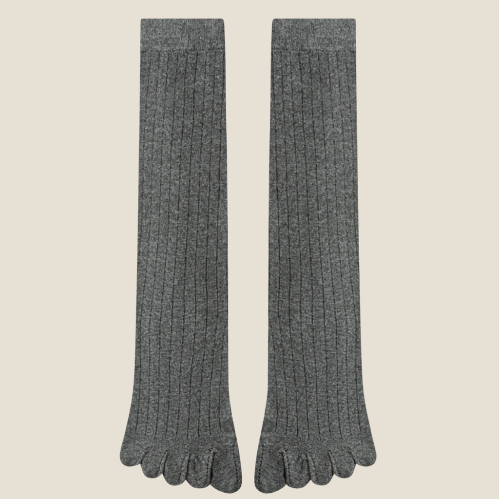 Knee high toe socks in heather grey ribbed knit, featuring a long leg. Shown as a flat-lay pair on a neutral backdrop.