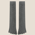 Knee high toe socks in heather grey ribbed knit, featuring a long leg. Shown as a flat-lay pair on a neutral backdrop.