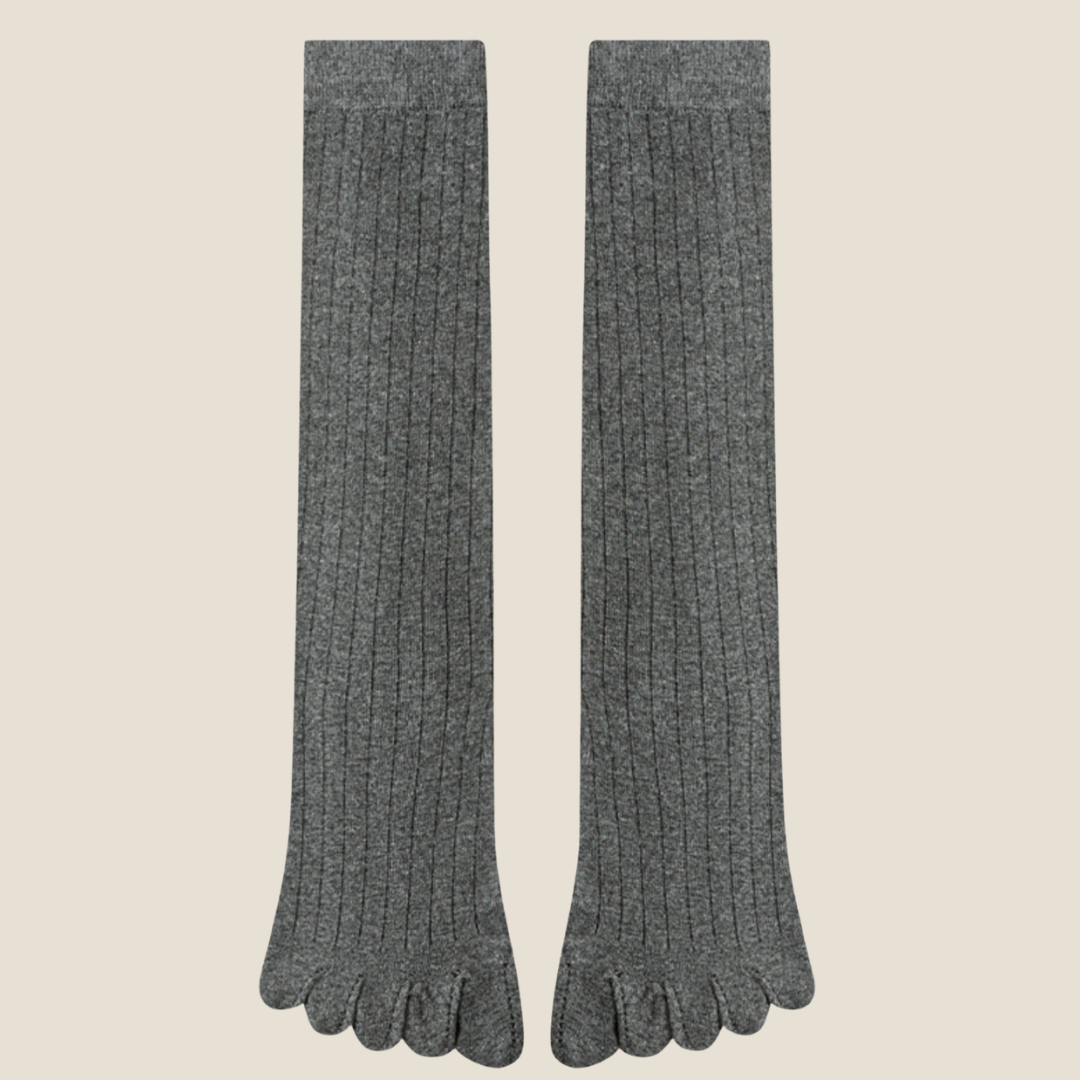 Knee high toe socks in heather grey ribbed knit, featuring a long leg. Shown as a flat-lay pair on a neutral backdrop.