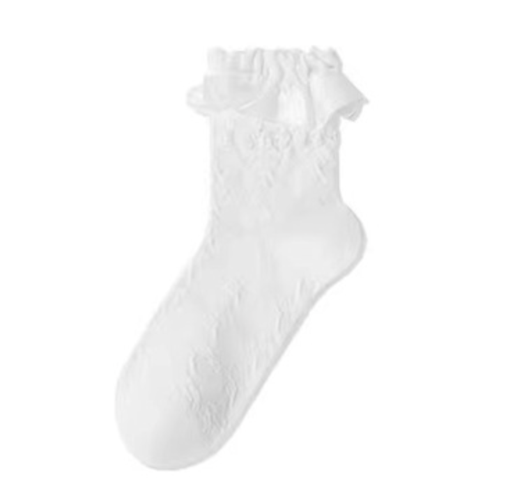 Lace socks for loafers in white, a single sock shown on a foot form to display the scalloped lace ankle trim.