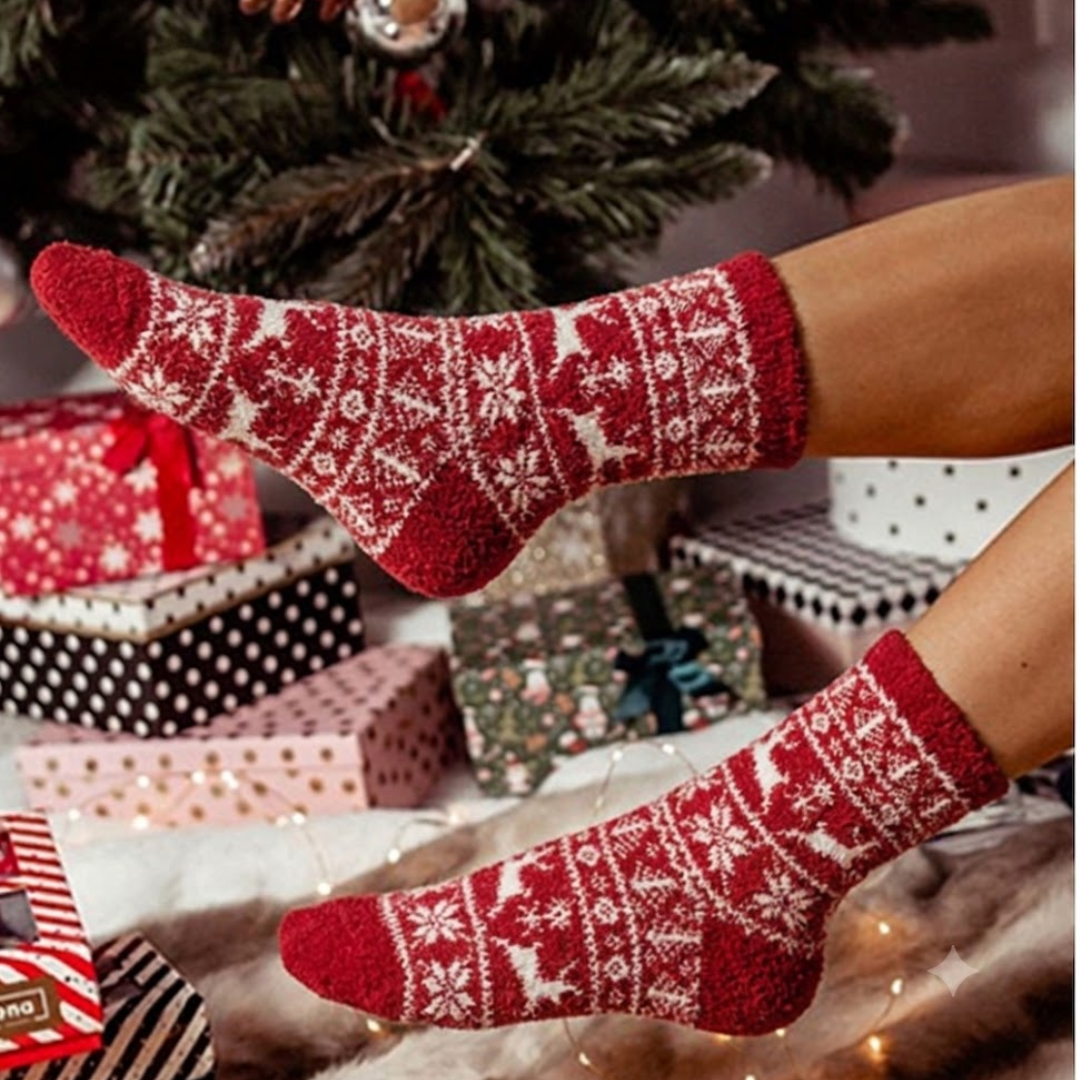 Luxury Christmas socks in red reindeer Fair Isle knit, held near a decorated tree with wrapped gifts.