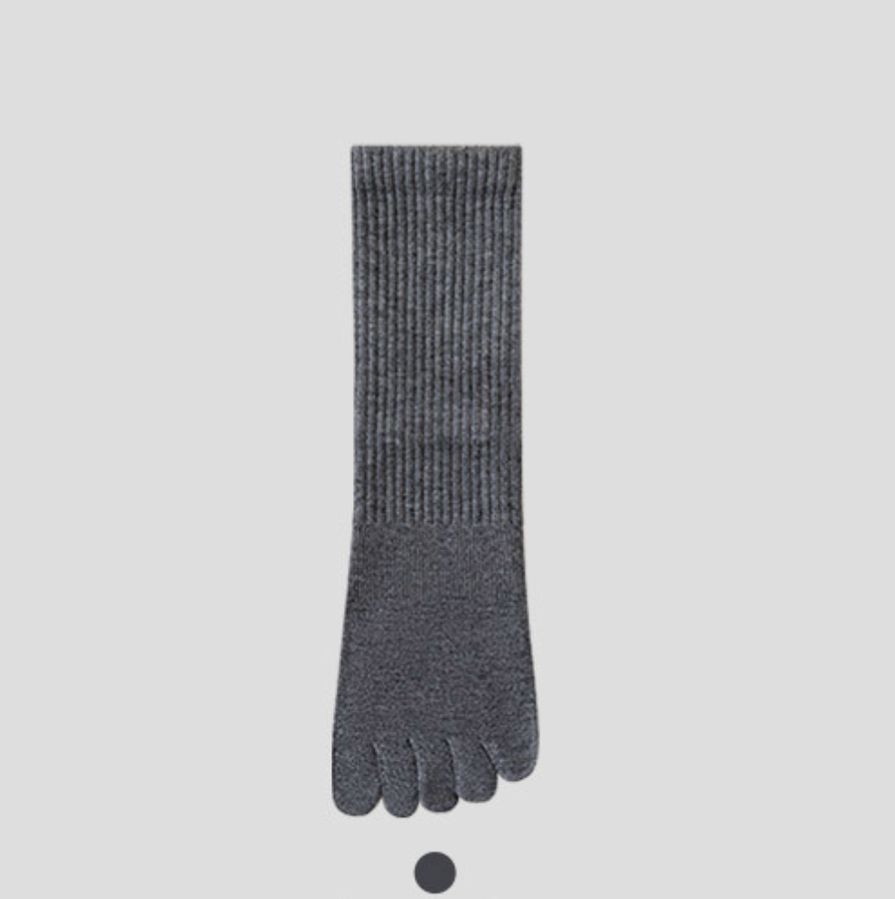 Male toe socks in charcoal grey ribbed knit, featuring a crew length. Displayed flat on a neutral backdrop.