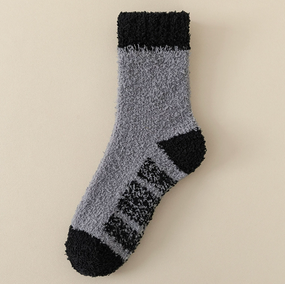 Men's fleece socks in gray-blue plush fleece with a black colorblock, single sock shown flat.