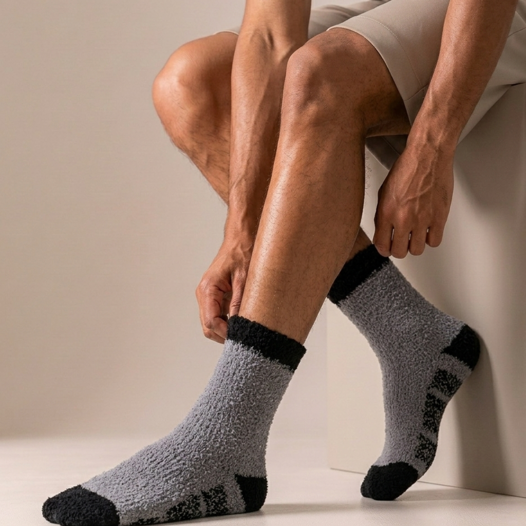 Men's fleece socks in gray plush coral fleece with a black colorblock cuff and heel, worn on the feet.