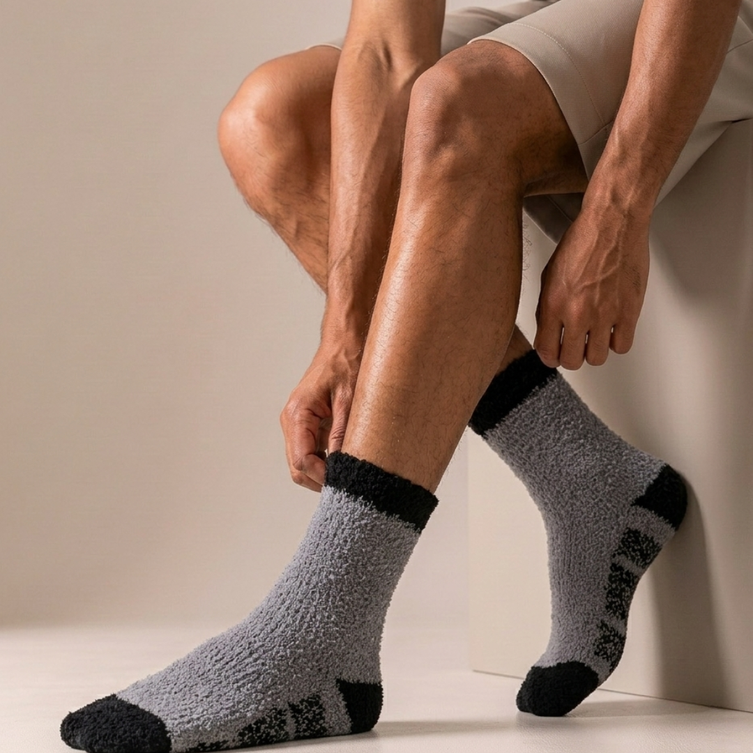 Men's fleece socks in gray plush coral fleece with a black colorblock cuff and heel, worn on the feet.