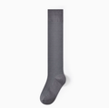Men's knee socks in heather grey ribbed cotton, featuring a cushioned foot. Shown as a single flat-lay on a light surface.