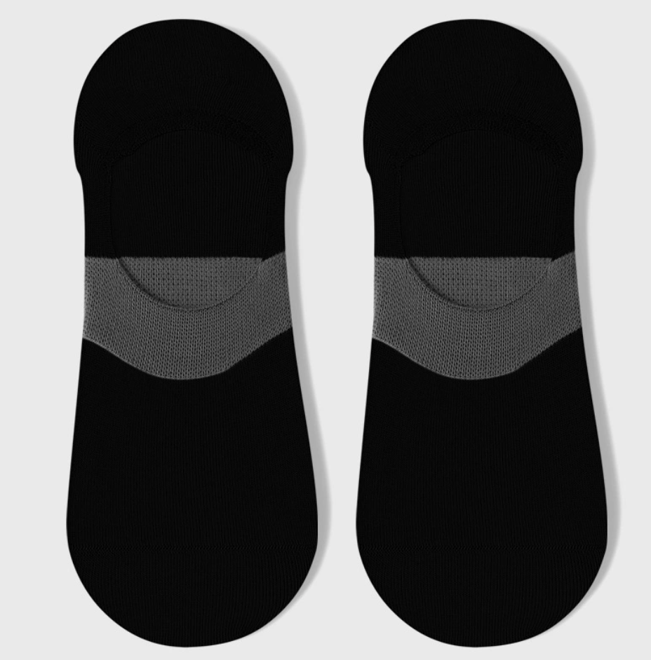 Men's loafer no show socks in black with a grey mesh heel, featuring a deep invisible cut. Shown as a flat-lay pair on a light backdrop.